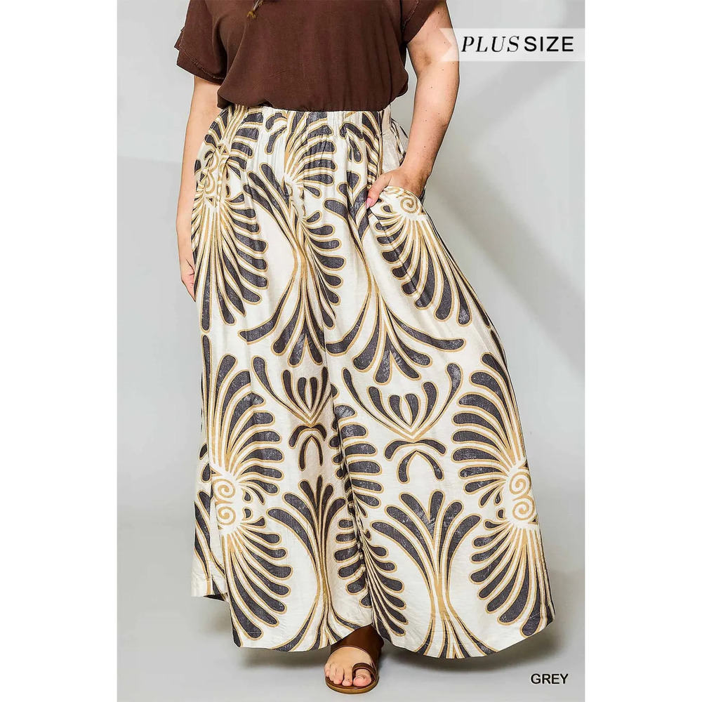 WC4390 GRY Umgee Feather Print Wide Leg Pants Plus Sizes